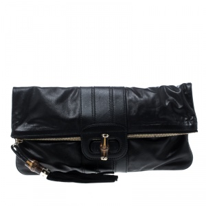 Gucci Black Leather Large Lucy Bamboo Clutch 