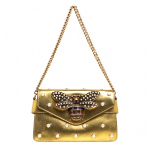 مملوكة مسبقًا Gucci Gold Leather Mini Pearl Embellished Broadway Shoulder Bag