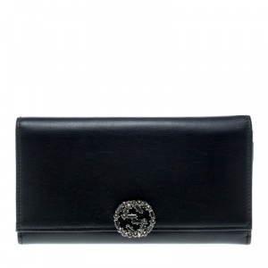  Gucci Black Leather Interlocking GG Crystal Continental Wallet