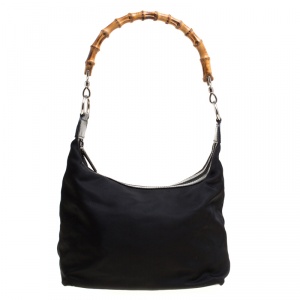 Gucci Black Nylon and Patent Leather Bamboo Handle Shoulder Bag