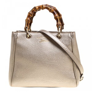 Pre Owned Gucci Metallic Beige Leather Bamboo Top Handle Shopper Tote