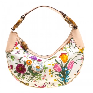 مملوكة مسبقًا Gucci White Botanical Floral Canvas Bamboo Ring Hobo