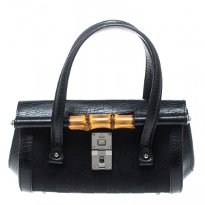 Gucci Black GG Canvas and Leather Mini Bamboo Bullet Satchel