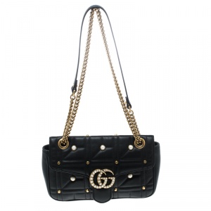 Pre Owned Gucci Black Matelasse Leather Pearl Embellished GG Marmont Shoulder Bag