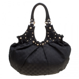 Pre Owned Gucci Black GG Canvas Medium Pelham Studded Hobo