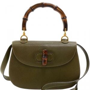 Gucci Olive Green Leather Bamboo Top Handle Bag