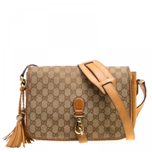 Pre Owned Gucci Beige/Brown GG Canvas Medium Marrakech Tassel Messenger Bag