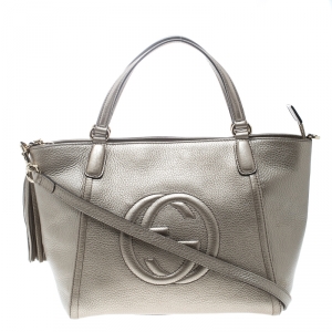 Pre Owned Gucci Metallic Beige Leather Soho Top Handle Bag