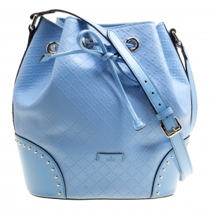 Pre Owned Gucci Sky Blue Diamante Textured Leather Bucket Bag