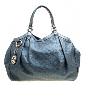 Pre Owned Gucci Metallic Blue Guccissima Large Sukey Tote