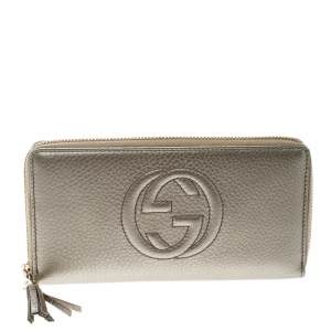 Gucci Metallic Beige Leather Soho Zip Around Wallet