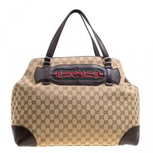 مملوكة مسبقًا Gucci Beige/Brown Cavans and Leather Web Dressage Tote