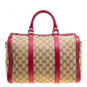 Pre Owned Gucci Beige/Fuchsia GG Canvas and Leather Boston Bag
