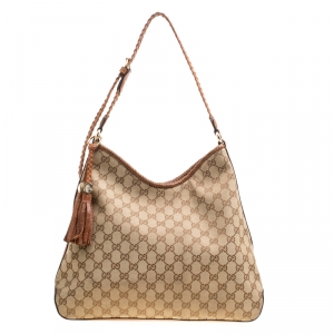 مملوكة مسبقًا Gucci Beige/Brown GG Canvas and Leather Medium Marrakech Hobo