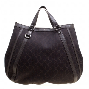 Pre Owned Gucci Dark Brown GG Canvas and Leather Medium Abbey Top Handle Bag