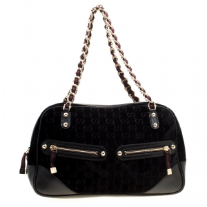 مملوكة مسبقًا Gucci Black GG Velvet and Leather Web Chain Princy Bowler Bag