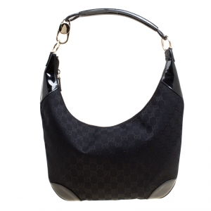 Pre Owned حقيبة غوتشي جلد لامعة وكانفاس GG سوداء