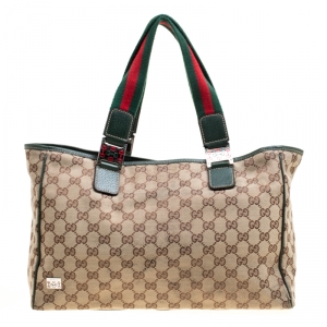 Pre Owned Gucci Beige/Green GG Canvas Web Handle Tote