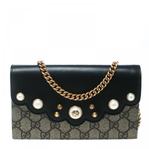 Gucci Beige/Black GG Supreme Canvas and Leather Pearl Peony Wallet On Chain