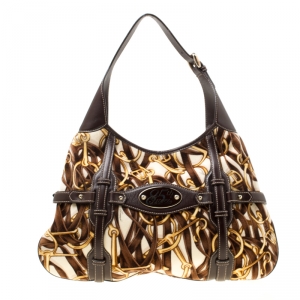 مملوكة مسبقًا Gucci Dark Brown Horsebit Print Velvet 85th Anniversary Brit Hobo