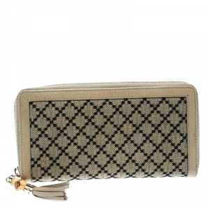 Gucci Beige Diamante Canvas and Leather Bamboo Tassel Zip Around Wallet