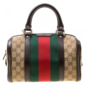 Pre Owned Gucci Dark Brown/Beige GG Canvas Small Web Boston Bag