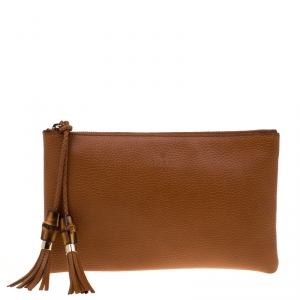 Gucci Brown Leather Bamboo Braided Tassel Zip Clutch