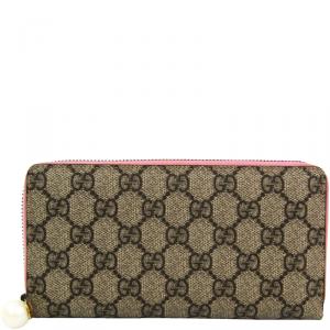 Gucci Pink/Beige GG Supreme Coated Canvas Zip Around Wallet