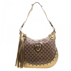 مملوكة مسبقًا Gucci Beige/Gold GG Crystal Canvas and Leather Babouska Crest Hobo