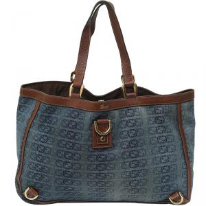 مملوكة مسبقًا Gucci Blue/Brown Logo Denim and Leather Large Abbey Tote