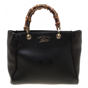 Pre Owned Gucci Black Leather Mini Bamboo Top Handle Bag