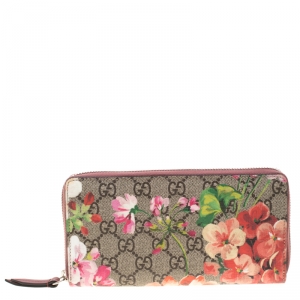 Gucci Beige GG Supreme Canvas Blooms Zip Around Wallet
