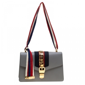 Pre Owned Gucci Grey Leather Small Sylvie Shoulder Bag 