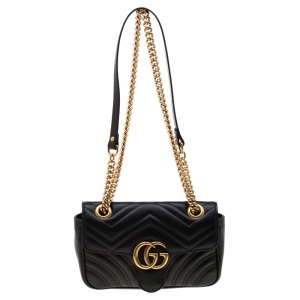 Pre Owned Gucci Black Matelasse Leather Mini GG Marmont Shoulder Bag