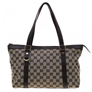 Pre Owned Gucci Beige/Brown GG and Leather Canvas Medium Abbey Tote