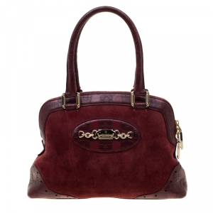 مملوكة مسبقًا Gucc Burgundy Suede and Horsebit Embossed Leather Small Satchel 