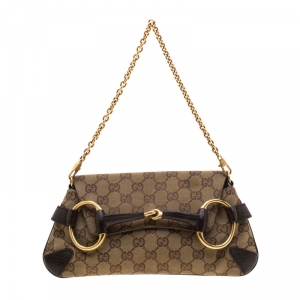 Pre Owned Gucci Brown Canvas and Leather Horsebit Shoulder Bag