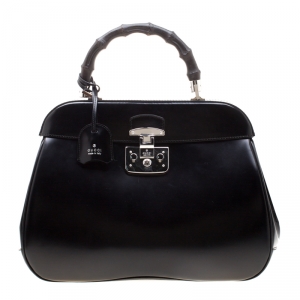 Pre Owned Gucci Black Patent Leather Lady Lock Bamboo Top Handle Bag