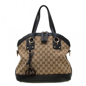 Pre Owned Gucci Beige/Green GG Canvas and Leather Charm Dome Satchel