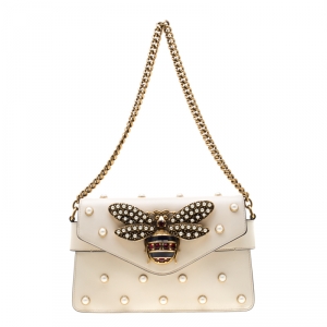 Pre Owned Gucci Off White Leather Broadway Pearly Bee Shoulder Bag