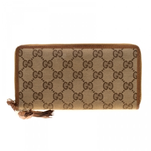 Gucci Beige/Brown GG Canvas and Leather Tassel Zip Around Wallet