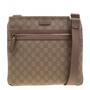 مملوكة مسبقًا Gucci Beige Monogram Canvas and Leather GG Supreme Flat Messenger Bag