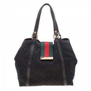 Pre Owned Gucci Black Monogram Canvas New Ladies Web Medium Tote  