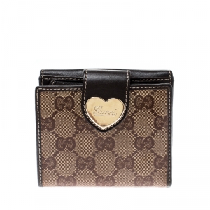 Gucci Beige/Brown GG Crystal Canvas and Leather Heart Compact Wallet