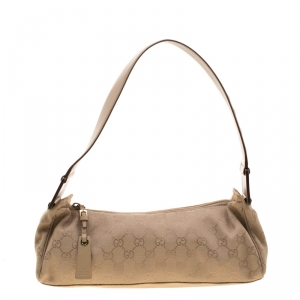 Pre Owned Gucci Beige Canvas and leather W Signature Shoulder Bag