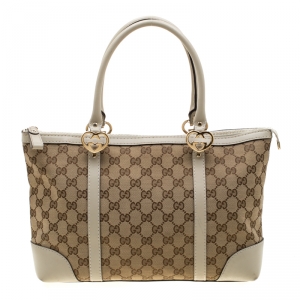 Pre Owned Gucci Beige/Off White GG Canvas and Leather Small Lovely Heart Tote