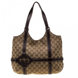 Pre Owned حقيبة غوتشي كانفاس وجلد GG بنية