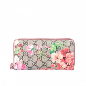 Gucci Beige Blooms GG Supreme Canvas Zip Around Wallet