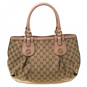 Pre Owned Gucci Beige/Pink GG Canvas and Leather Medium Scarlett Stud Interlocking Tote