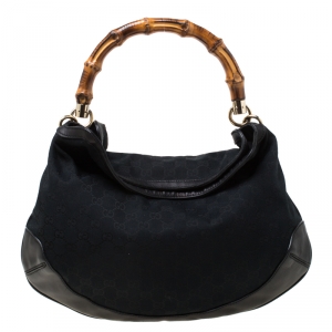 Gucci Black GG Canvas and Leather Bamboo Handle Hobo